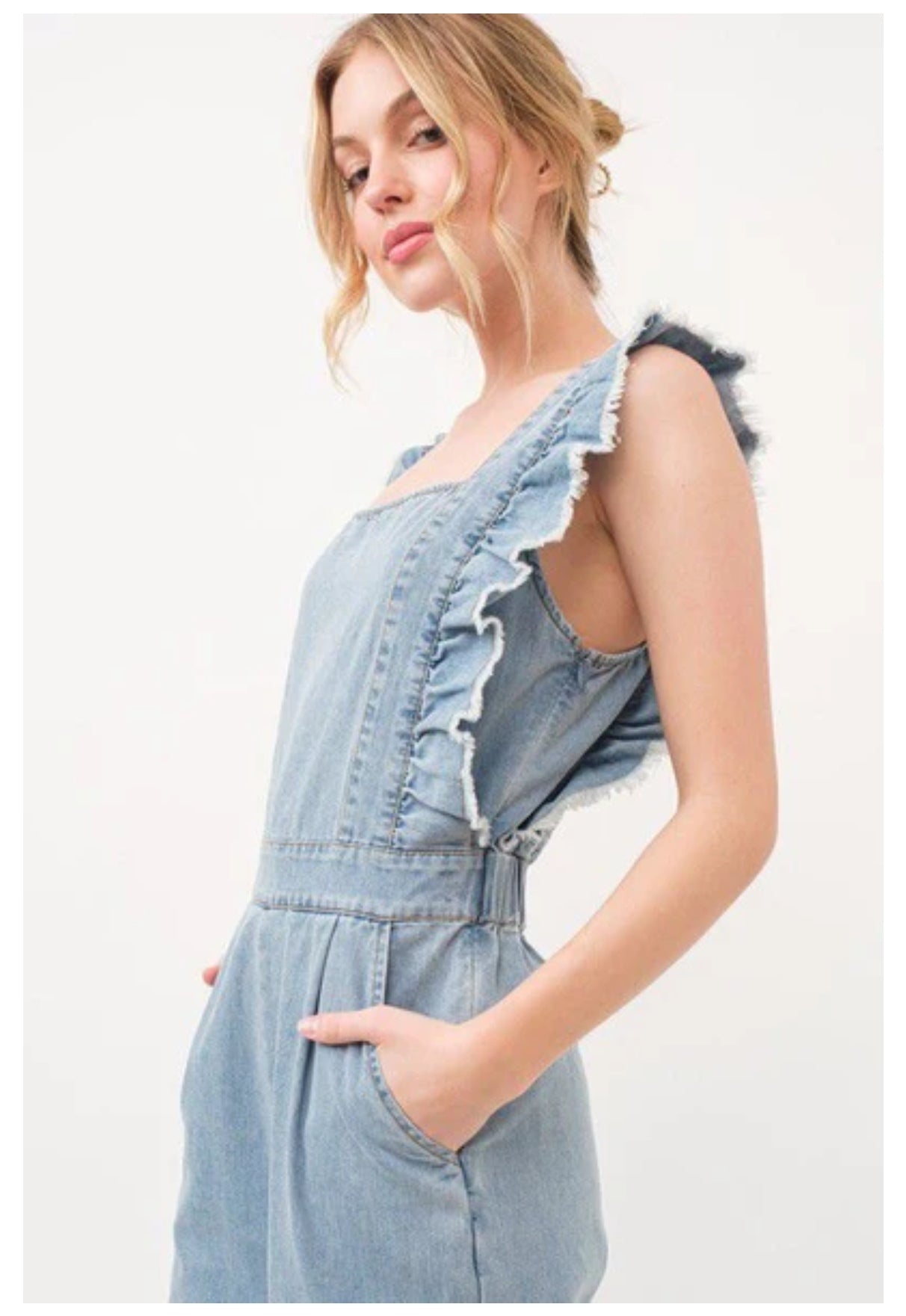 Ruffled denim jumpsuit